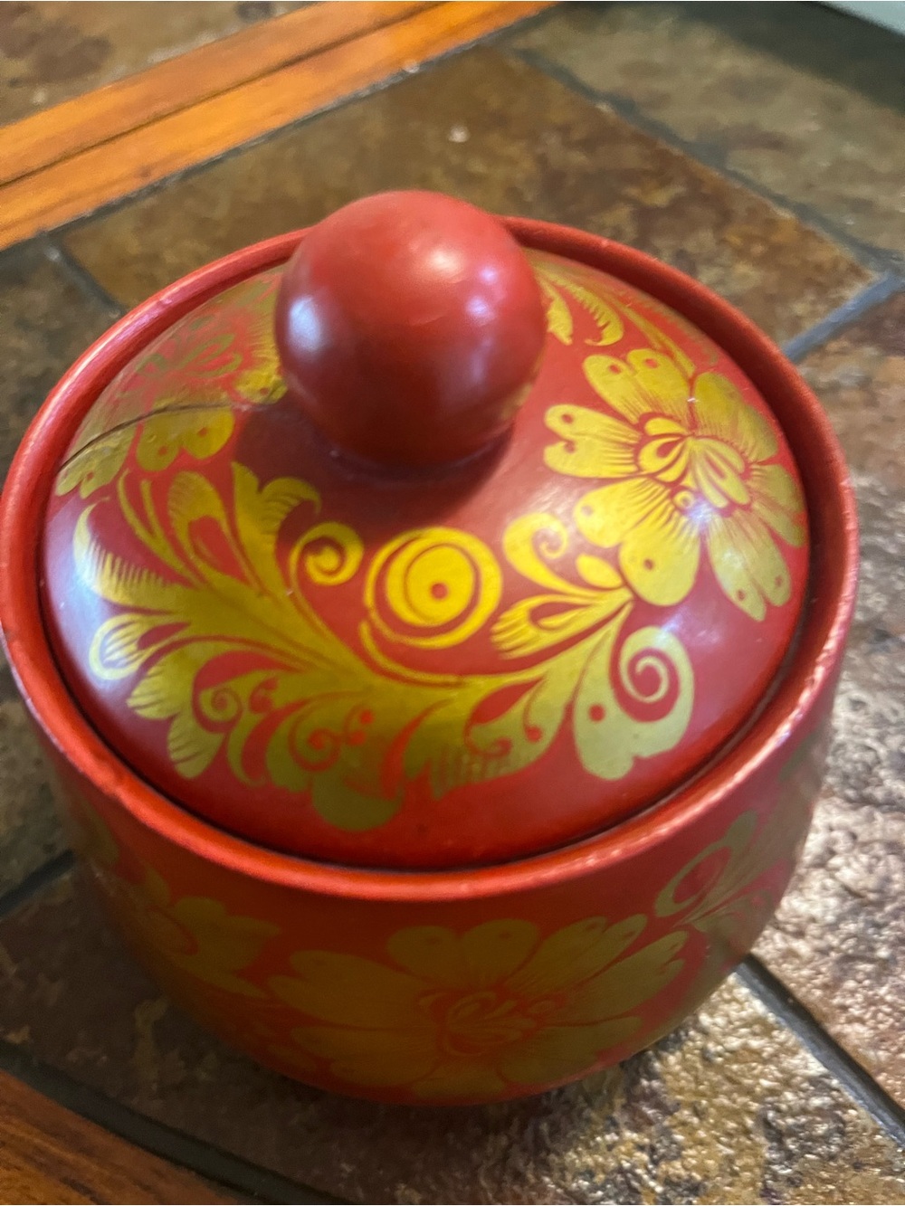 Vintage Russian Red & Gold Decorative Lidded Jar